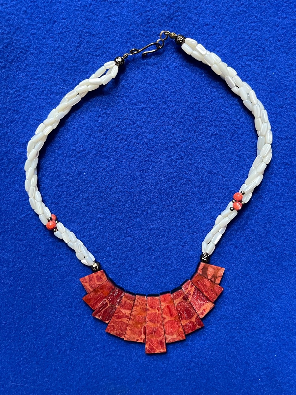 Mother of Pearl & Red Stone vintage Statement Necklace